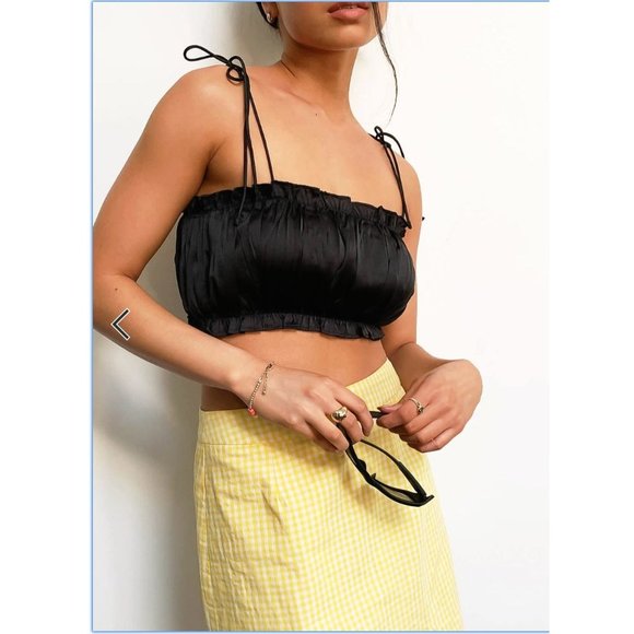 Reclaimed Vintage Ruched Spaghetti Strap Crop Top in Black - Sz 10 - Picture 1 of 8